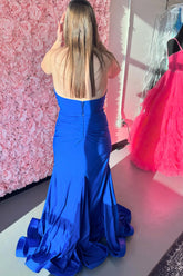 Royal Blue Halter Neck Satin Mermaid Long Prom Dress with Slit